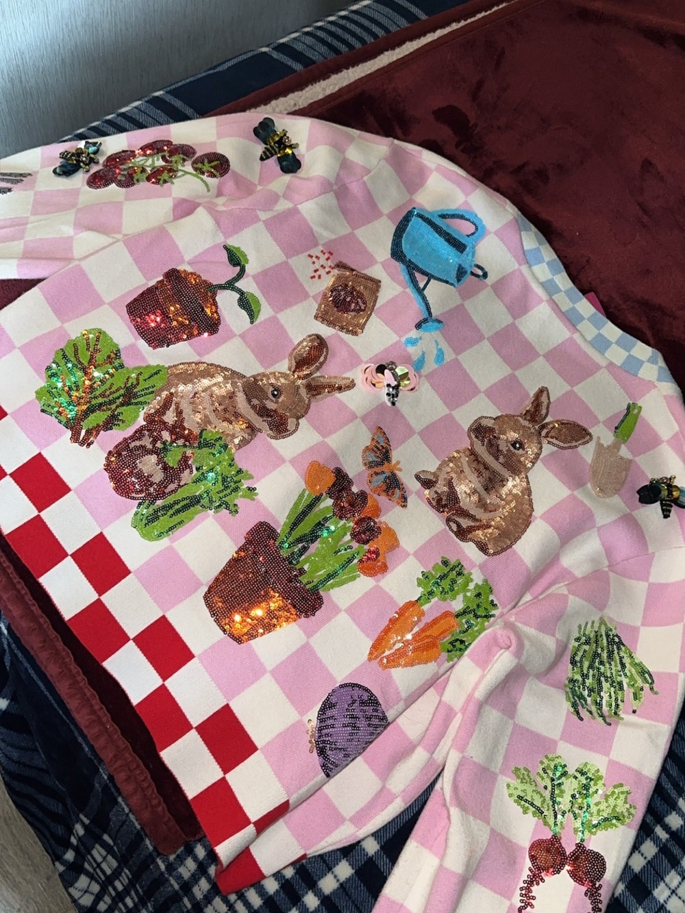 QUEEN OF SPARKLES Pink & Light Blue Check Trim Top - Picture 4 of 5